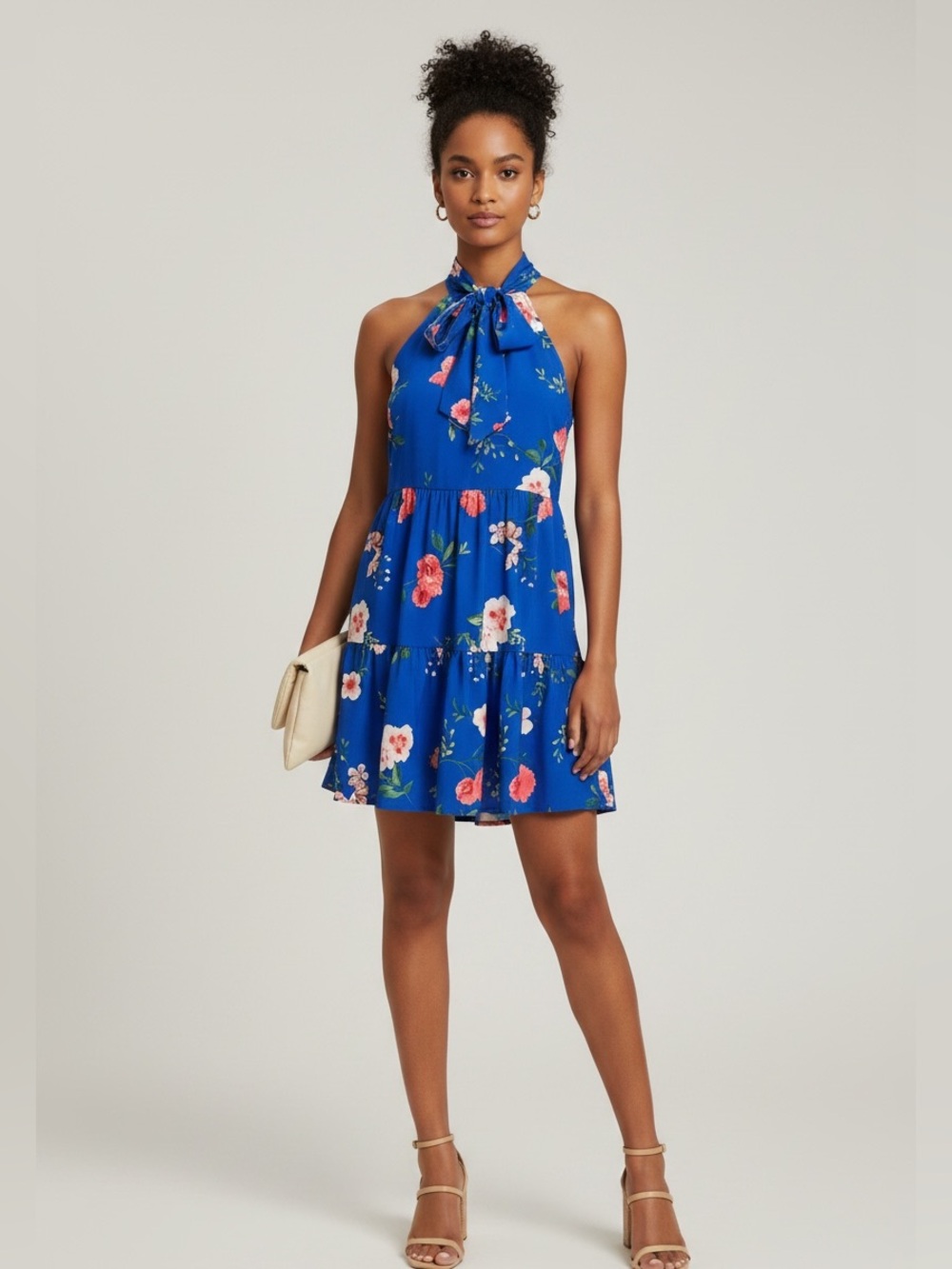 Sleeveless Floral Tie-Neck Blue Sundress